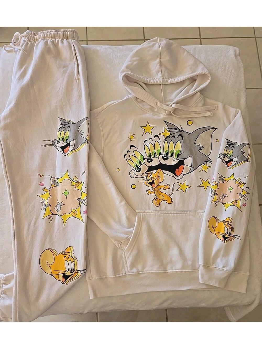 Vintage Tom & Jerry Cartoon Jogger Sweatpants & Hoodie Sweatshirt Size L Unisex